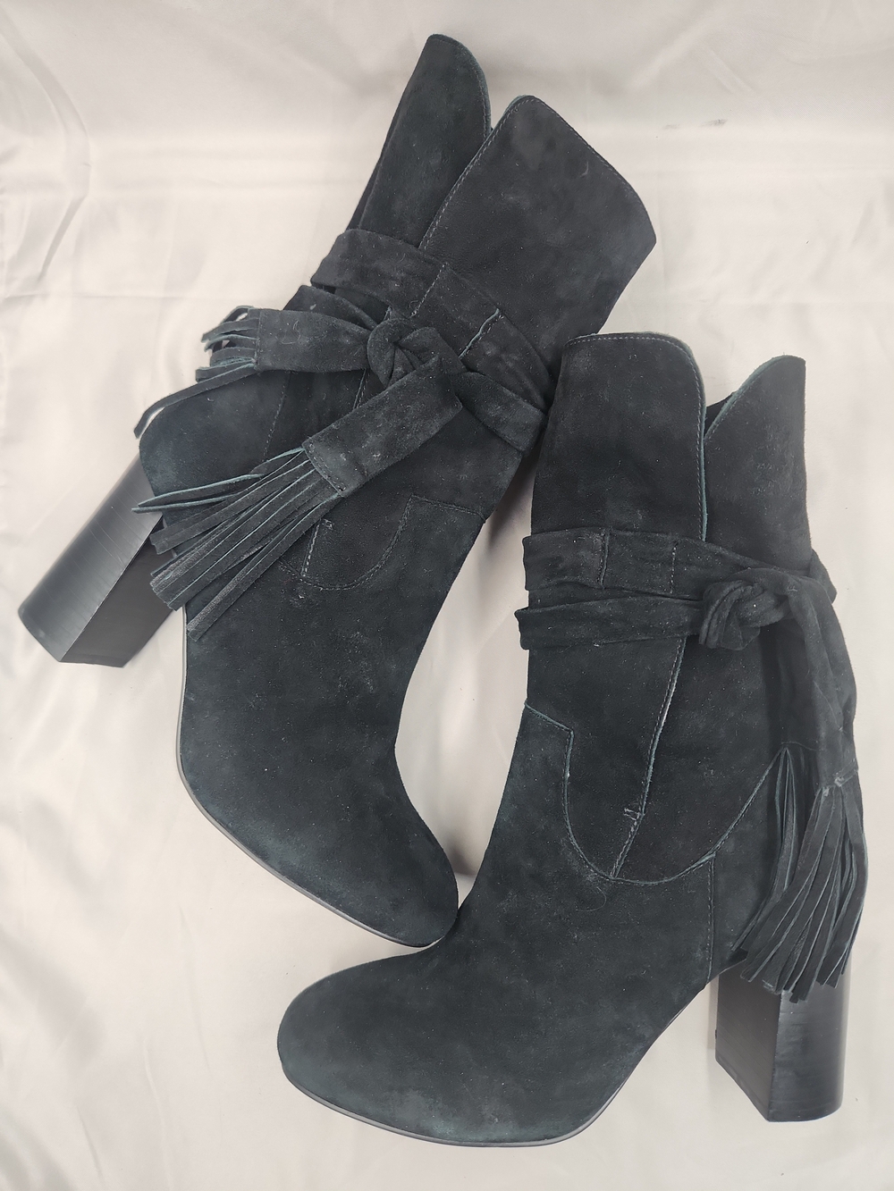 Shellys London Black Suede Tassel Knot Block Heel Booties
